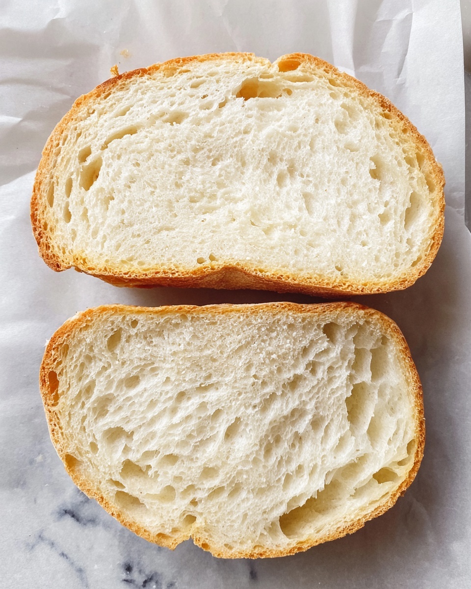 Two thick slices of white bread are shown side by side on a piece of white parchment paper. The bread has a light golden crust around the edges with a soft, airy, and slightly porous white interior. The texture inside looks fluffy with small and medium holes scattered throughout. The background under the parchment paper is a white marbled texture. Photo taken with an iphone --ar 4:5 --v 7