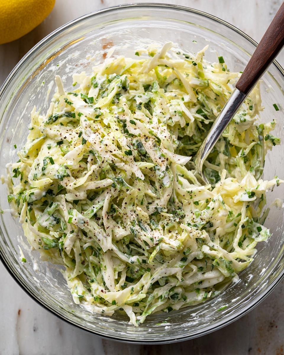 A clear glass bowl filled with creamy coleslaw made of thin, pale green shredded cabbage and finely chopped green herbs evenly mixed with a white, smooth dressing. Black pepper is sprinkled on top, adding small dark specks across the coleslaw. A silver spoon is partially visible inside the bowl, resting on the coleslaw. The bowl sits on a white marbled surface with a bright yellow lemon slightly visible in the upper left corner. Photo taken with an iphone --ar 4:5 --v 7