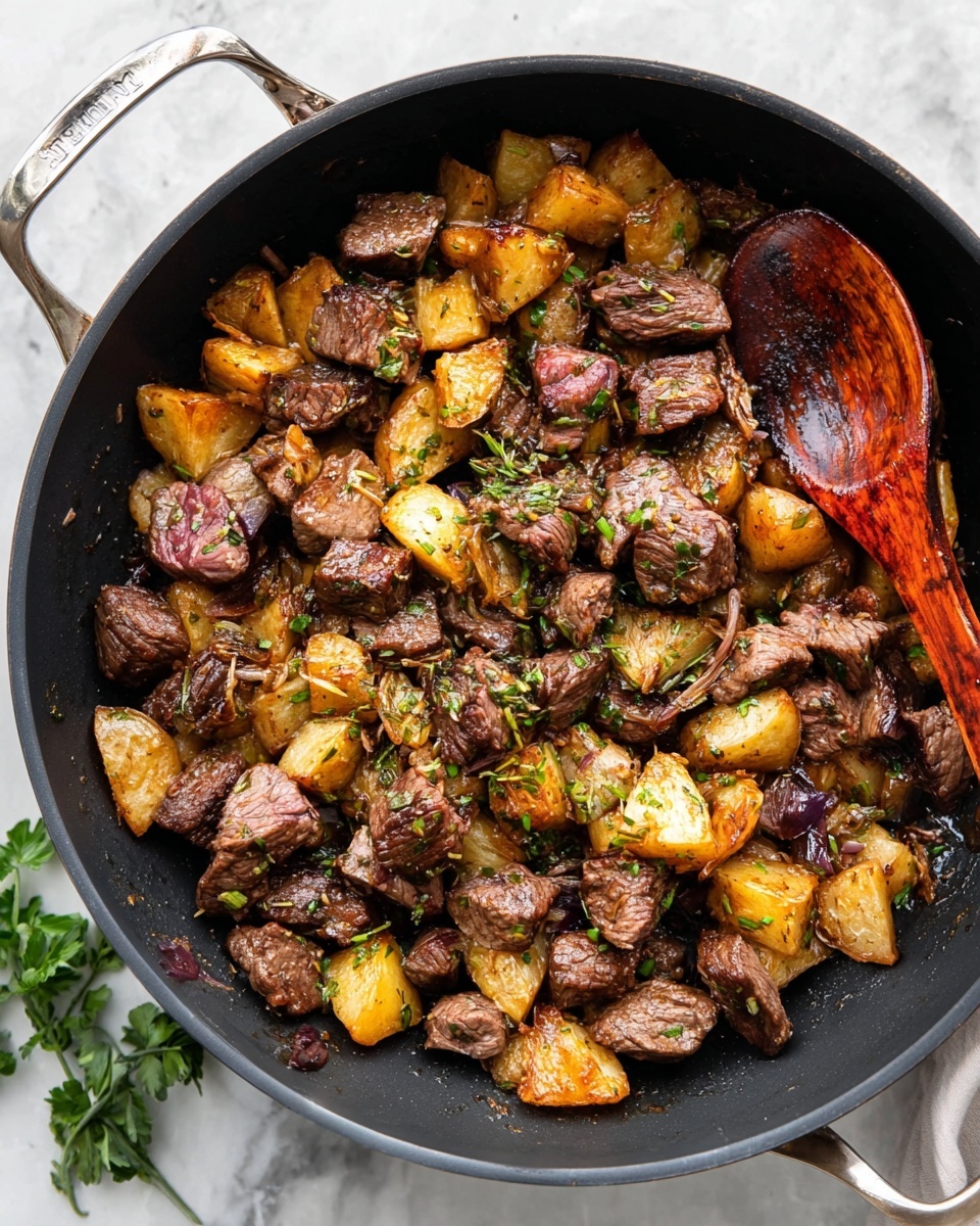 The image shows a black pan filled with cooked pieces of brown meat and golden-brown potato chunks mixed together. The meat pieces are irregular in size and have a slightly charred surface with some pink inside, while the potatoes have a crispy texture and a mix of light and darker golden brown colors. The dish is sprinkled with small green herb bits on top, adding a fresh touch. A wooden spoon with a reddish-brown patina rests on the right side inside the pan, slightly covered by the food. The pan’s handles are silver and shiny, and the pan sits on a white marbled surface with some green herb leaves around it. photo taken with an iphone --ar 4:5 --v 7