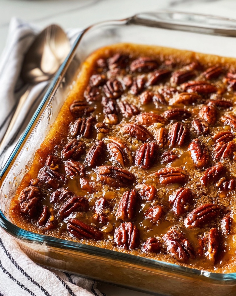 The image shows a clear glass rectangular baking dish filled with a pecan pie. The pie has two visible layers: the bottom layer is a golden-brown crust that looks thick and crumbly, and the top layer is a rich, caramel-colored filling with whole, glossy pecan nuts scattered evenly across the surface. The pecans have a smooth, shiny texture and are a warm brown color. The filling glistens slightly, suggesting a sticky, sugary texture. The dish sits on a white marbled surface with a white and black striped cloth nearby. Photo taken with an iphone --ar 4:5 --v 7