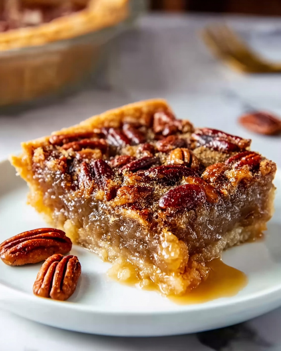 A square piece of pecan pie is on a white plate, showing three clear layers: a thick crumbly light golden crust at the bottom, a translucent caramel-like filling with a glossy texture in the middle, and a top layer covered with whole and chopped dark brown pecans. The pie slice looks moist with syrup oozing slightly at the base. Two whole pecans lie next to the pie on the plate. The plate is placed on a white marbled surface with a blurred corner of a pie pan in the background. photo taken with an iphone --ar 4:5 --v 7