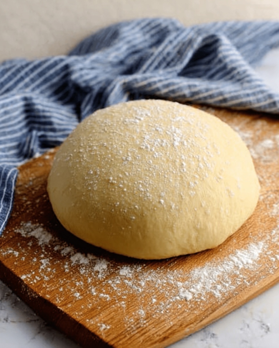 A single smooth ball of dough with a soft, pale yellow color sits on a wooden board, dusted lightly with white flour. The dough has a slightly shiny surface with small bubbles and a soft texture. Behind the dough, a blue and white striped cloth is casually placed, adding a cozy feel. The board rests on a white marbled surface, giving a clean and simple background. photo taken with an iphone --ar 4:5 --v 7