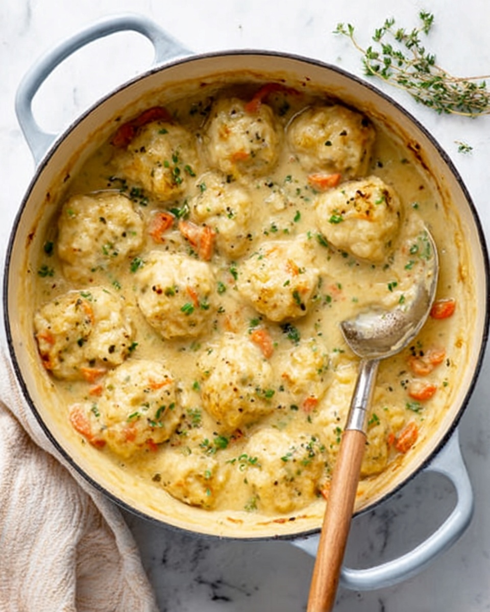 A white pot with two handles is filled with a creamy stew containing many round dumplings layered on top, each dumpling light golden with soft specks of green herbs and small pieces of orange carrots scattered throughout the thick, slightly runny sauce. A silver spoon with a wooden handle is resting inside the pot, partially submerged in the creamy sauce and dumplings, on a white marbled surface. photo taken with an iphone --ar 4:5 --v 7