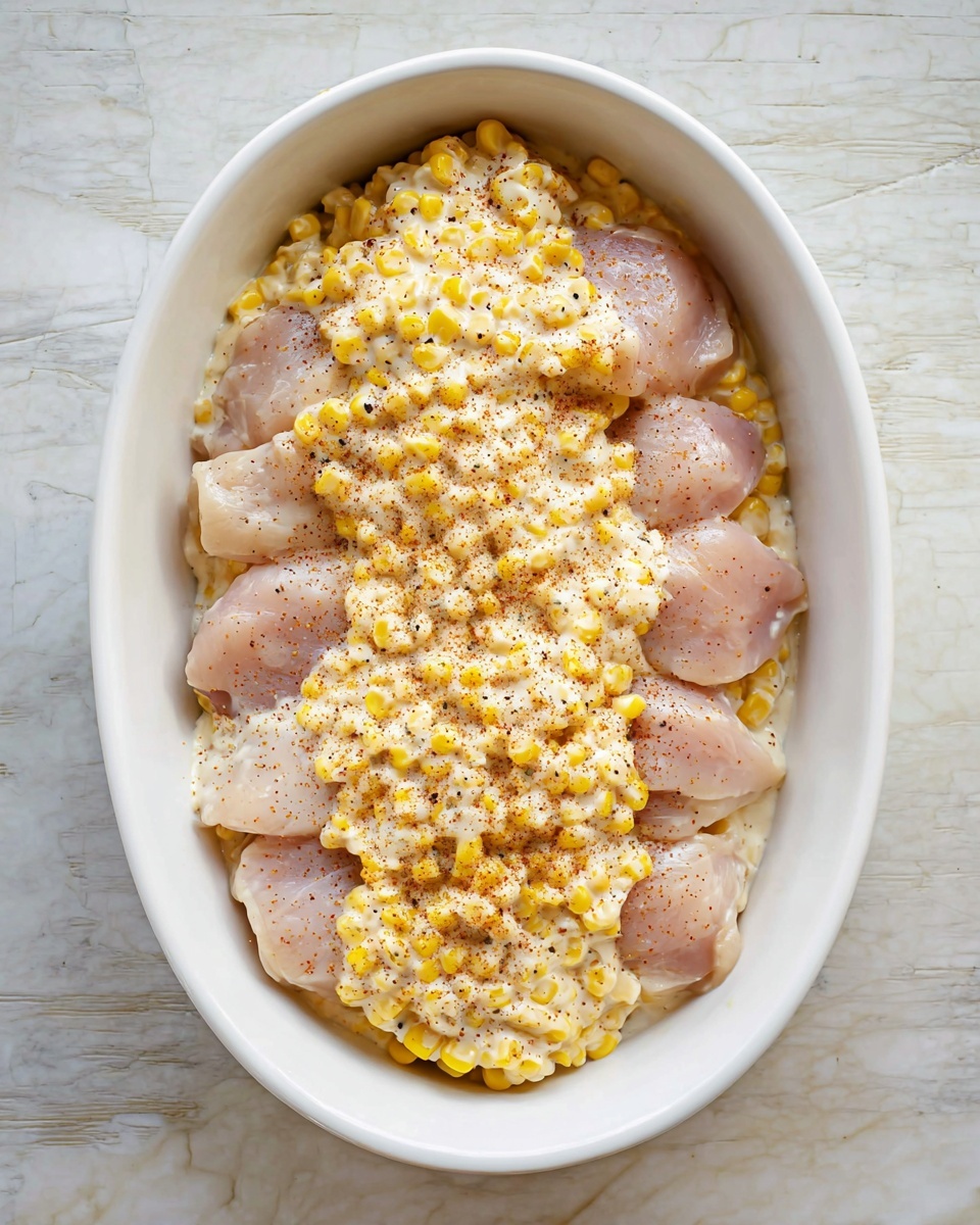 A white oval dish holds the layered ingredients, starting with a base of smooth, raw chicken pieces that have a pale pink color and are lightly dusted with a reddish seasoning. On top of the chicken is a thick layer of creamy corn mixture, featuring small yellow corn kernels coated in a white sauce with visible black pepper specks. The contrast between the pink chicken and yellow, creamy corn creates a textured and colorful look. The dish is placed on a white marbled surface. photo taken with an iphone --ar 4:5 --v 7