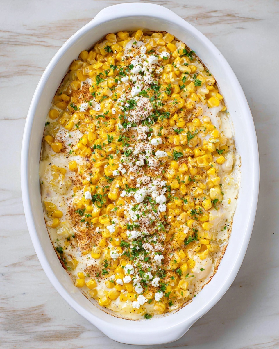 The image shows a white oval dish filled with three layers: the bottom layer has light beige cooked pieces visible around the edges, the middle layer has creamy white sauce spread evenly over the base, and the top layer is made up of bright yellow corn kernels mixed with small bits of green herbs scattered throughout. White crumbly cheese is sprinkled down the center in a neat line, and a light dusting of dark spices is also visible mainly on the cheese. The dish is placed on a white marbled surface. photo taken with an iphone --ar 4:5 --v 7