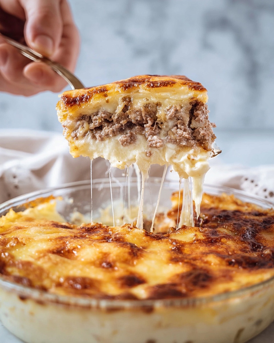 A slice of layered dish with three visible layers is being lifted from a clear white glass round dish. The top layer is golden brown melted cheese with a slightly browned and bubbly texture. The middle layer consists of cooked ground meat with a light brown color and crumbly texture. The bottom layer looks like a thick white creamy base, such as a sauce or cheese, holding the layers together. Cheese strands stretch from the slice to the dish, showing melted cheesiness. A woman's hand is holding a serving utensil to lift the slice, and the background has a soft focus with a white marbled surface and a cloth. Photo taken with an iphone --ar 4:5 --v 7