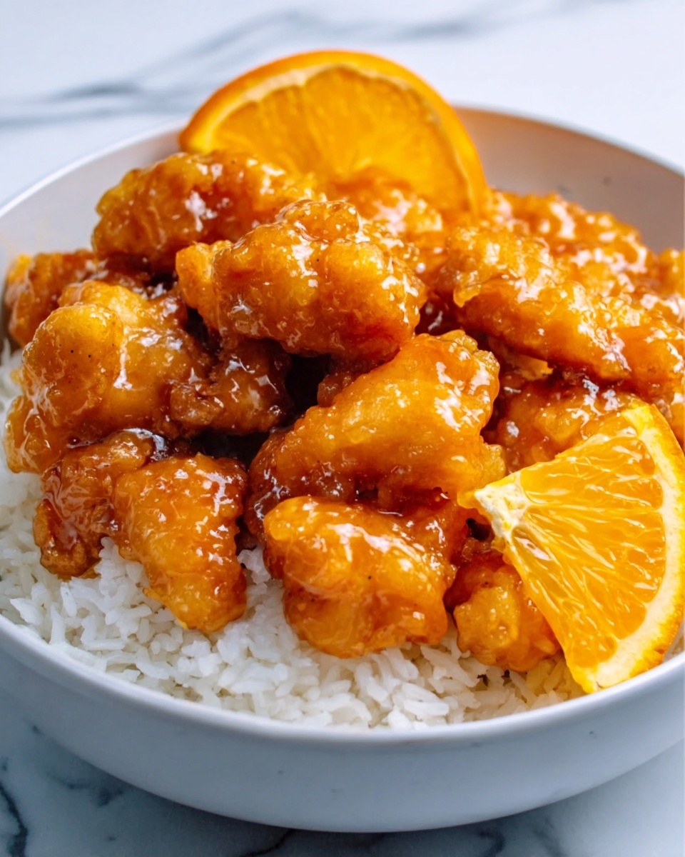 The image shows a white bowl filled with fluffy white rice at the bottom layer. On top, there are several pieces of golden-brown crispy chicken coated in shiny orange sauce, giving a sticky and glazed look. The chicken pieces are arranged closely together, and two small orange slices with bright skin and juicy texture are placed on top for garnish. The bowl rests on a white marbled surface. photo taken with an iphone --ar 4:5 --v 7