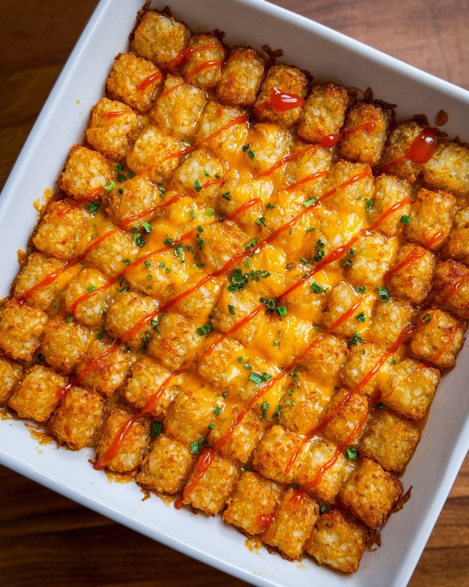The dish is in a white square baking dish filled with three layers of golden brown tater tots neatly placed side by side, covering the entire surface. The top layer is sprinkled with melted bright orange cheddar cheese, which looks soft and slightly crispy in spots. Thin lines of reddish-orange hot sauce are drizzled evenly across the top, adding a glossy texture. Small pieces of chopped green herbs are scattered lightly over the cheese for a touch of color contrast. The white marbled surface underneath the dish shows a warm wooden table edge. Photo taken with an iphone --ar 4:5 --v 7