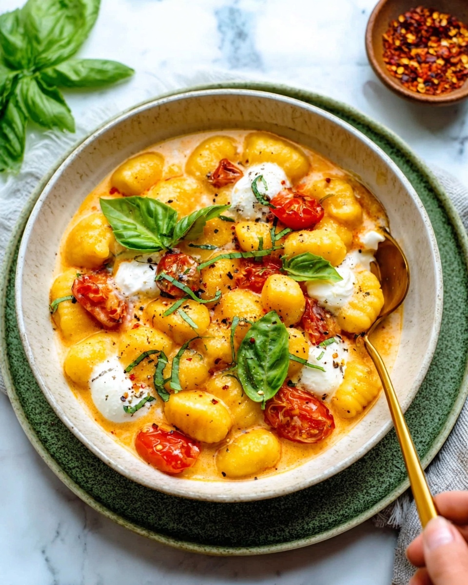 A white bowl filled with yellow gnocchi and red cherry tomatoes in a creamy orange sauce, topped with white dollops of soft cheese and green fresh basil leaves scattered on top. The bowl sits on a green textured plate placed on a white marbled surface with a small brown bowl of crushed red pepper in the background. A woman's hand holds a gold spoon inside the bowl. Photo taken with an iphone --ar 4:5 --v 7
