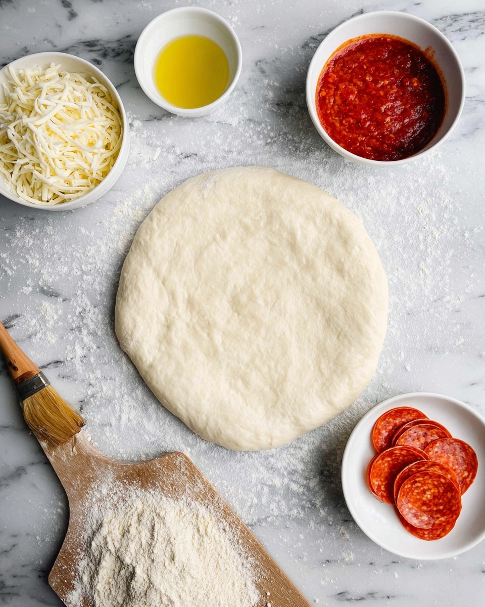 A plain, round pizza dough spread out on a white marbled surface, surrounded by small white bowls containing shredded white cheese, red pizza sauce, and stacked pepperoni slices. There is also a small white bowl with yellow oil next to a pastry brush, plus a wooden board sprinkled with flour and cornmeal partially visible at the bottom left. photo taken with an iphone --ar 4:5 --v 7
