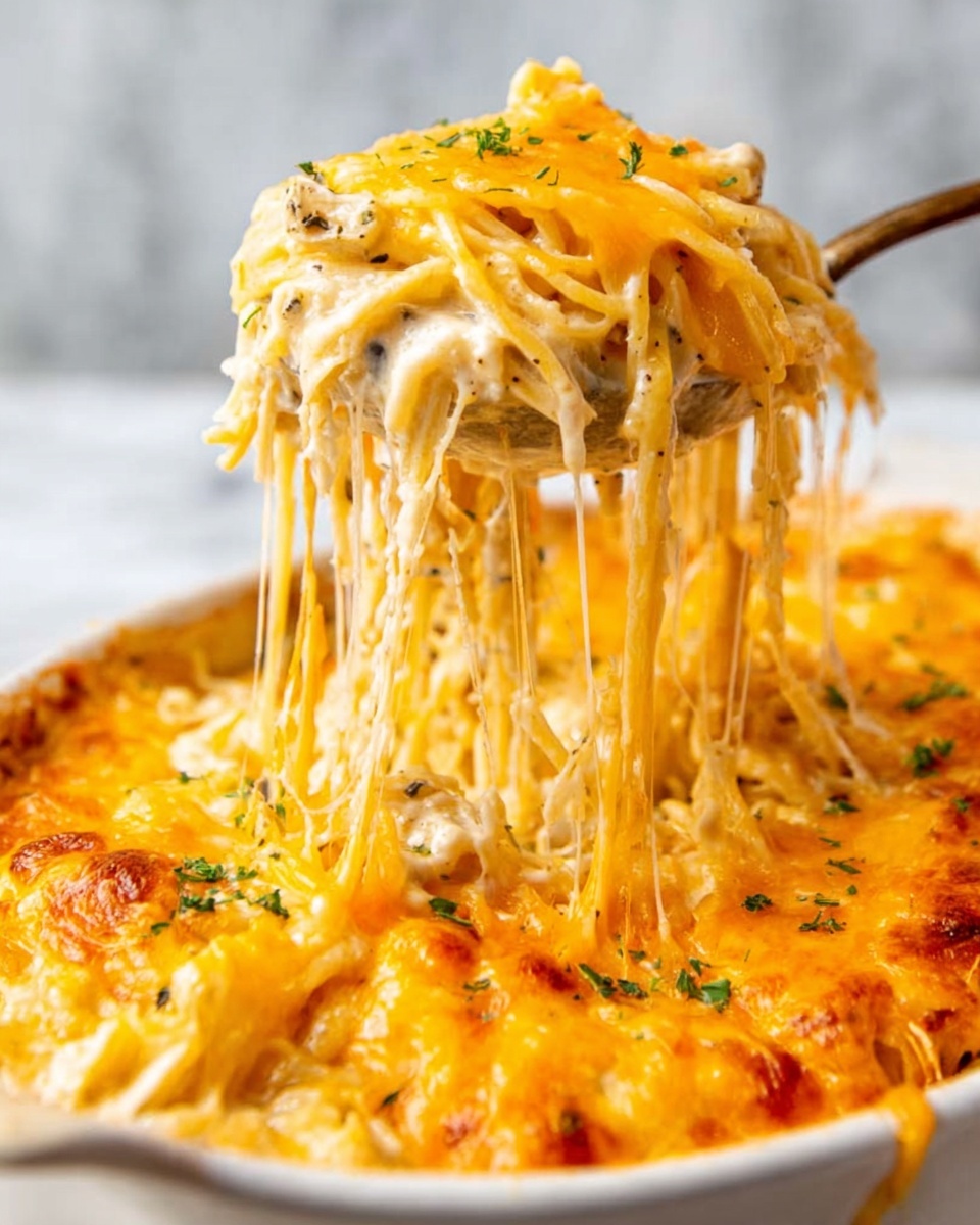 A close-up of a cheesy pasta dish being lifted by a spoon showing long, stringy white noodles covered in melted bright orange cheese. The pasta looks creamy with bits of herbs and small specks of black pepper, layered beneath a thick top layer of melted cheese that is shiny and bubbly. The woman's hand holds the spoon above the white marbled surface, and in the background, part of a white bowl filled with more cheesy pasta is slightly blurred. photo taken with an iphone --ar 4:5 --v 7