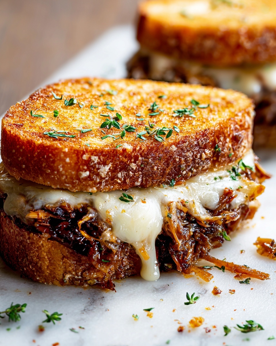 A grilled sandwich is shown with three visible layers: the top and bottom layers are golden-brown toasted bread with a crispy texture, sprinkled with small green herbs. The middle layer is full of shredded, dark brown cooked meat mixed with melted, creamy white cheese that is softly oozing out, creating a glossy texture. The sandwich sits on a white marbled surface with scattered bits of herbs and crumbs around it. In the background, a blurred second sandwich appears with the same layers and colors. Photo taken with an iphone --ar 4:5 --v 7