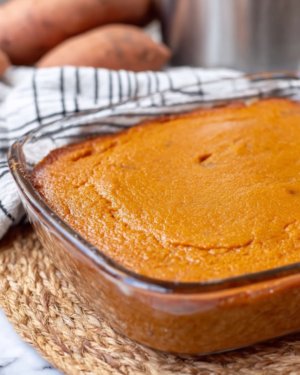 A close-up view of a single-layer baked sweet potato casserole in a clear glass baking dish, showing a warm, smooth, and slightly glossy top with a golden-brown color and a few small cracks near the edges. The dish sits on a woven mat with a white marbled surface underneath, and a white cloth with black stripes is placed beside it. In the background, whole sweet potatoes and a metal container are slightly out of focus. Photo taken with an iphone --ar 4:5 --v 7