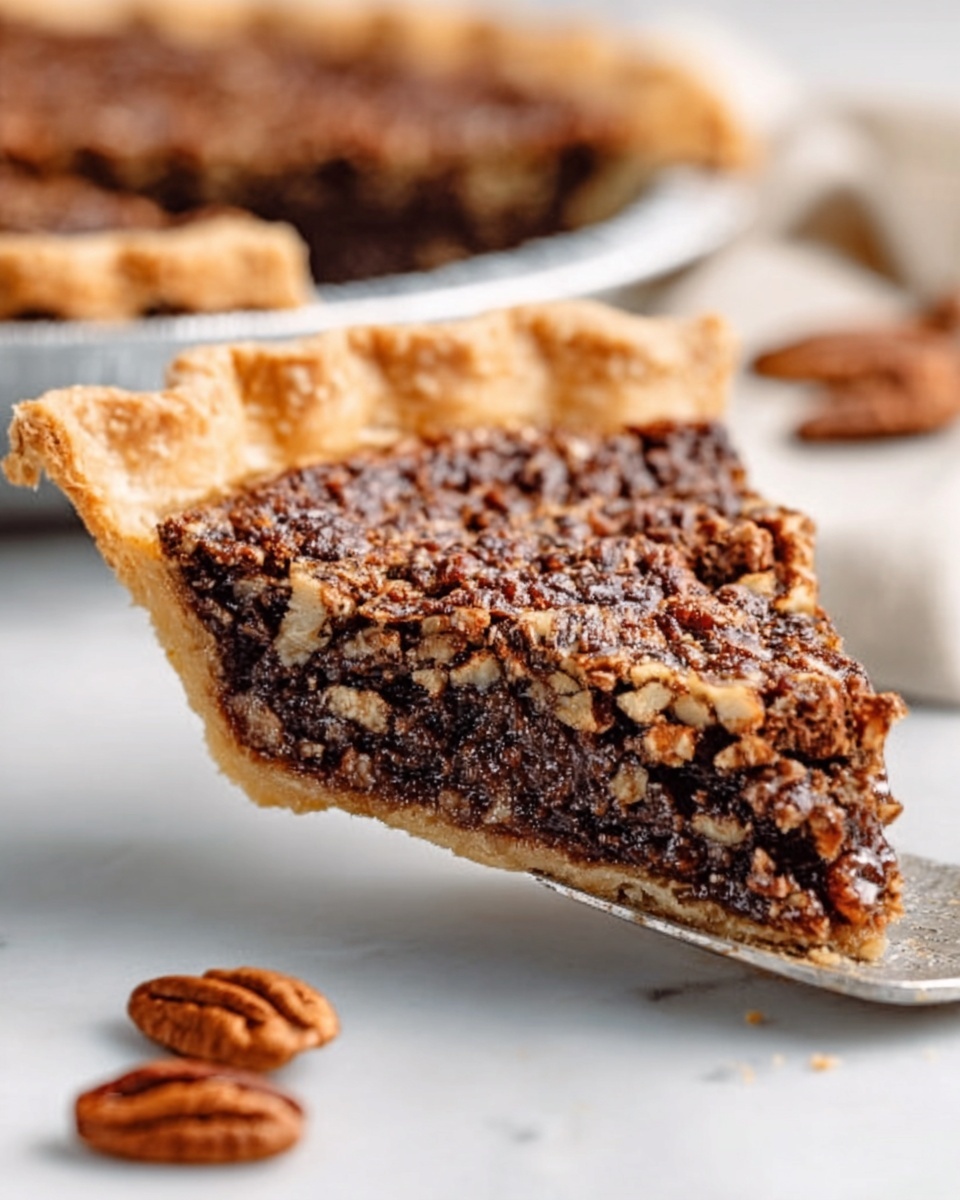 A slice of pie with a golden brown, flaky crust sits in a silver pie pan on a white marbled surface. The pie filling is dark brown and textured with small, uneven pieces of nuts mixed throughout, giving a crunchy look. The edge of the crust is crimped and rises slightly above the thick filling. In the background, out of focus, there are some pecans and a white cloth. A woman's hand is holding the slice from the crust side, lifting it gently. photo taken with an iphone --ar 4:5 --v 7