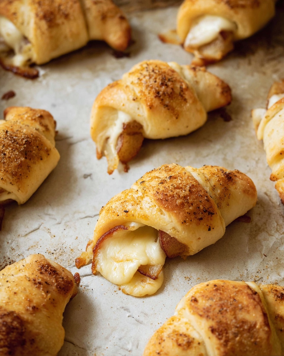 The image shows several small crescent rolls on a baking tray with a white marbled texture underneath. Each crescent roll has a golden-brown, slightly crispy outer layer with spots of seasoning on top. The rolls are filled with a light cream color melted cheese and soft, brown slices of cooked apple peeking out from the ends. The melted cheese oozes slightly from inside some of the crescents, creating a gooey and inviting look. The crescent rolls are arranged irregularly, with some closer to the front and others fading softly into the blurred background. Photo taken with an iphone --ar 4:5 --v 7