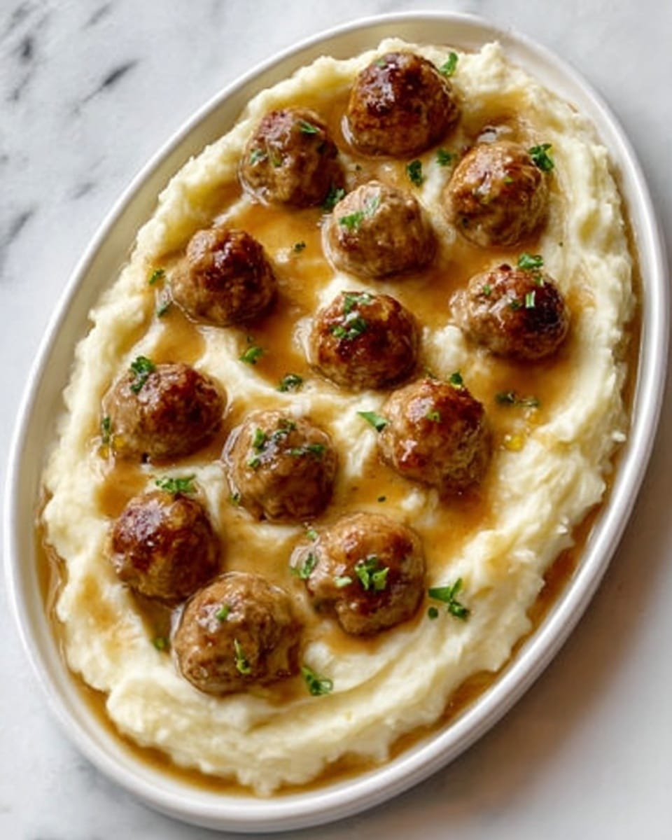 The image shows an oval white plate with a white marbled surface underneath. On the plate, there is a smooth, creamy layer of mashed potatoes spread around the edges, forming a shallow bowl shape. Inside this mashed potato ring, there are about twelve small brown meatballs, each with a slightly browned and textured surface, arranged in three rows. The meatballs sit in a shiny, light brown gravy that pools in the center and spreads a little onto the mashed potato edges. There are small green herb garnishes sprinkled on the meatballs, adding a bit of color. The photo taken with an iphone --ar 4:5 --v 7
