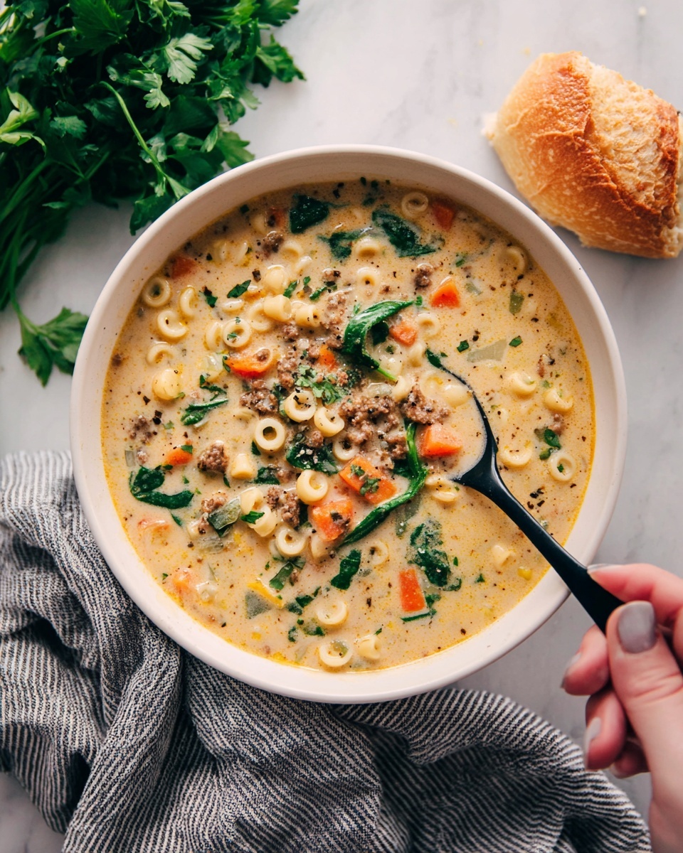 A bowl filled with creamy soup showing three main layers: a light cream-colored broth base, mixed with small pasta rings creating a soft, smooth texture; scattered orange carrot chunks and dark brown ground meat pieces adding both color and texture throughout; and green spinach leaves spread evenly on top, giving a fresh contrast. The soup is in a round white bowl placed on a white marbled surface. On the right side, a woman's hand is holding a black spoon inside the bowl. Above the bowl is a piece of golden brown bread, and on the left side are fresh green parsley leaves, with a gray striped cloth beneath the bowl. Photo taken with an iphone --ar 4:5 --v 7