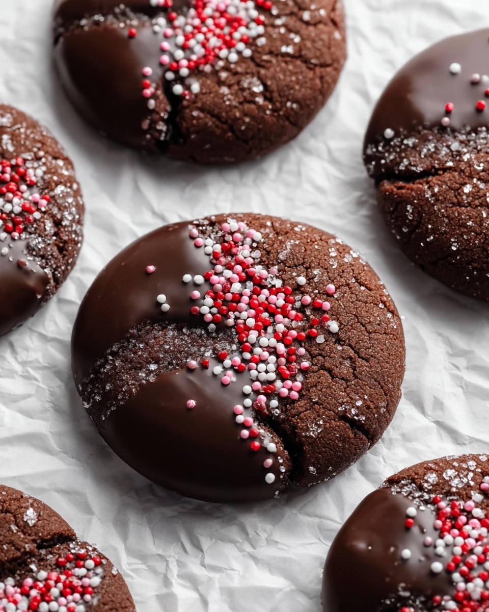 The image shows several round chocolate cookies, each with two clear layers. The bottom layer is a dark chocolate cookie with a cracked, slightly rough texture and sparkling sugar on top. The top half of each cookie is covered with smooth, shiny dark chocolate that looks thick and glossy. On top of the chocolate layer, there are small round sprinkles in red, white, and pink colors, scattered mainly in the middle. The cookies rest on crumpled white parchment paper, which is placed on a white marbled surface. photo taken with an iphone --ar 4:5 --v 7