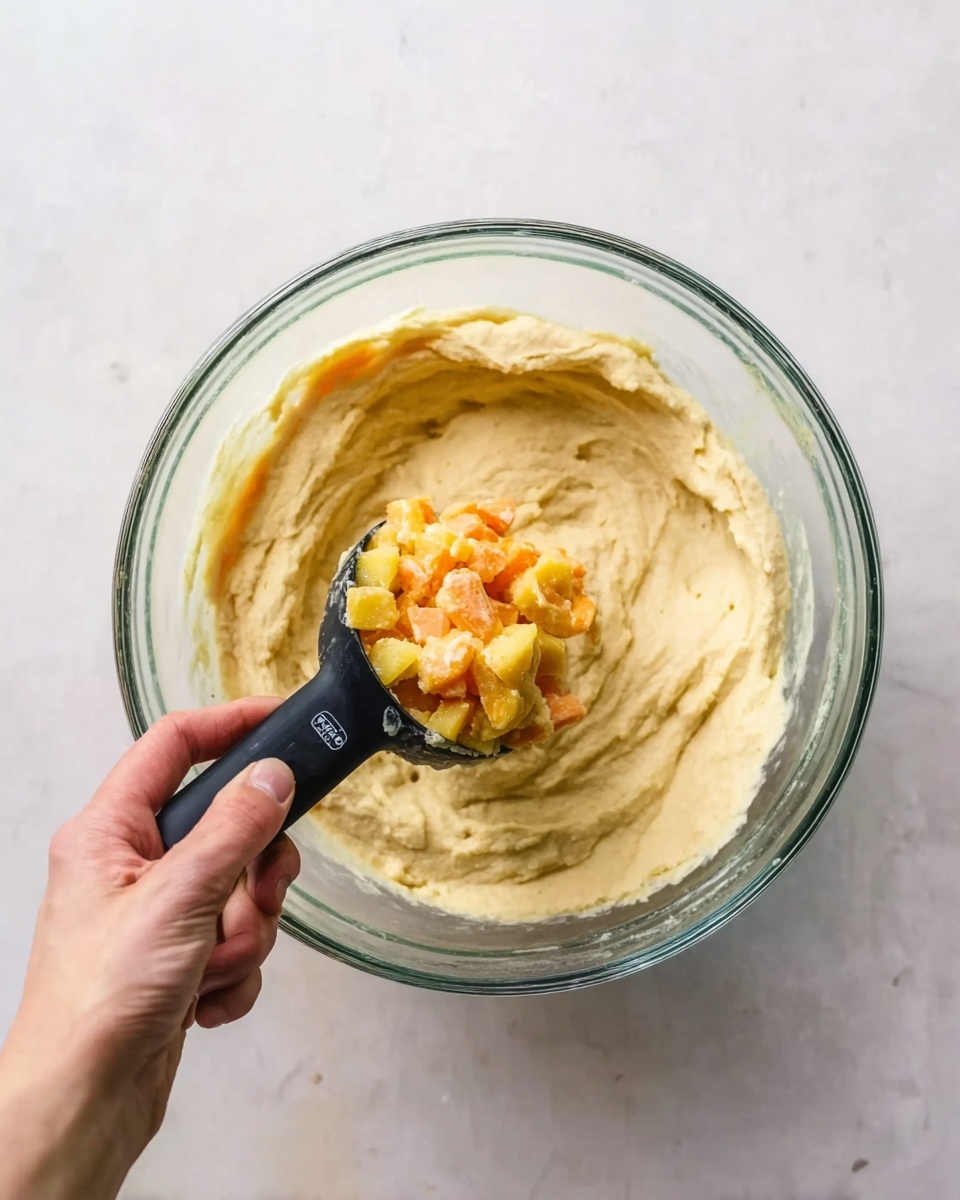 A woman's hand holds a black measuring cup filled with small orange and yellow fruit pieces above a clear glass mixing bowl. Inside the bowl is a light beige dough mixture that looks smooth and creamy, spread evenly around the edges but open in the center where the fruit is about to be added. The bowl sits on a white marbled surface, and the scene is bright and clean with soft natural light. photo taken with an iphone --ar 4:5 --v 7