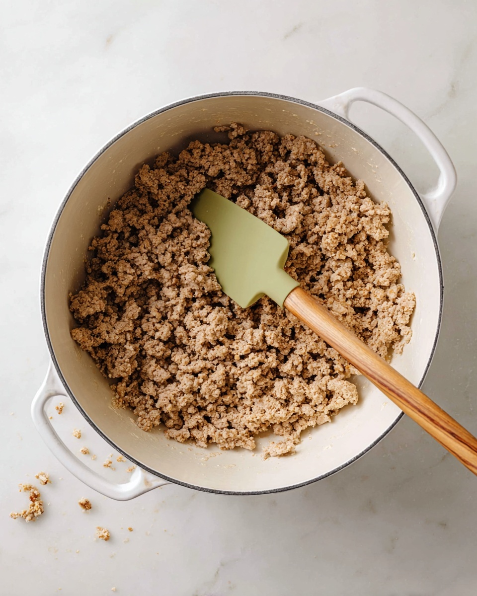 A white round pot filled with cooked ground meat that is light brown and crumbly in texture. A green spatula with a wooden handle rests inside the pot touching the meat, positioned slightly to the right. The pot sits on a white marbled surface, and there are small bits of meat scattered near the edge of the pot. The background and surface look clean and bright. photo taken with an iphone --ar 4:5 --v 7