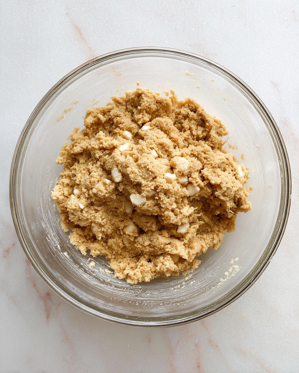 A clear glass bowl sits on a white marbled surface, filled with a crumbly light brown dough that has a rough texture and small white chunks mixed throughout. The dough looks thick and slightly sticky, with uneven pieces clumped together in the bowl. The inside of the bowl shows faint streaks from mixing, and the background is simple and clean. photo taken with an iphone --ar 4:5 --v 7