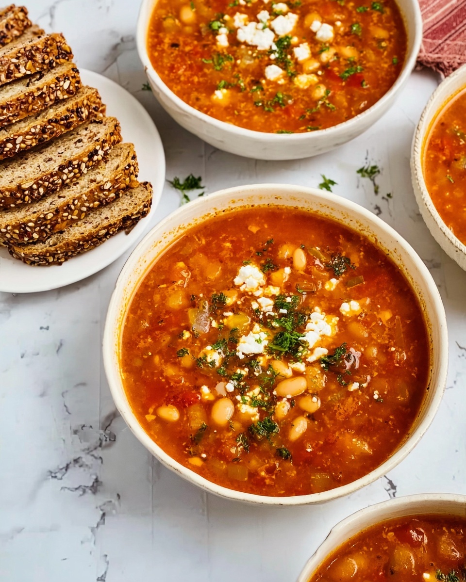 The image shows three white bowls filled with a rich, orange-red soup containing visible white beans, small bits of herbs, and some crumbled white cheese on top, placed on a white marbled surface. The soup has a chunky texture with pieces of vegetables and herbs mixed throughout. Near the bowls, there is a white plate holding several slices of multigrain bread topped with some seeds, arranged side-by-side. The colors are warm, with the soup's vibrant orange and red tones contrasting with the white bowls and marbled surface. photo taken with an iphone --ar 4:5 --v 7
