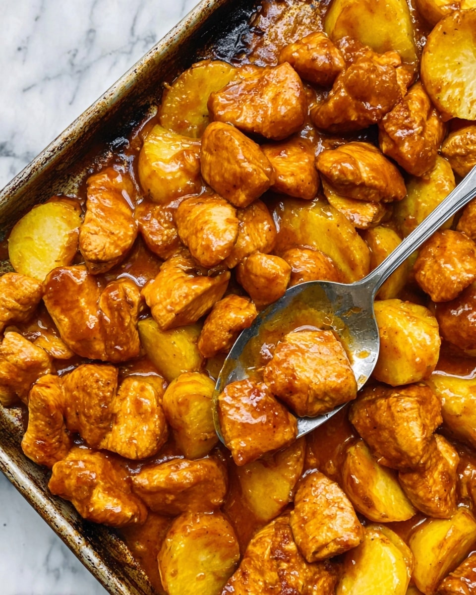 The image shows a close-up of a tray filled with cooked chicken pieces and sliced yellow potatoes, all coated in a shiny, orange-brown sauce that looks thick and rich. The chicken chunks are medium-sized, with a slightly rough texture, while the potato slices are smooth and soft-looking, mingled evenly among the chicken. A silver spoon is dipping into the sauce on the right side, adding a bit of shine. The tray has small edges and is placed on a white marbled surface. The colors are warm with orange and golden tones dominating, making the dish look savory and well-cooked. Photo taken with an iphone --ar 4:5 --v 7