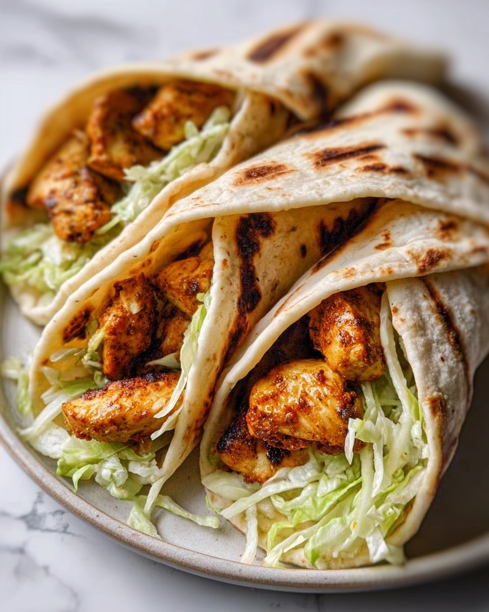 The image shows two soft, folded flatbreads filled with golden-brown grilled chicken pieces that are slightly charred with a textured, crispy outer layer. Beneath the chicken, there is a layer of shredded pale green cabbage that looks fresh and crunchy, adding contrast to the warm tones of the chicken. The flatbreads have light brown grill marks and appear soft and pliable, gently wrapping around the filling. These wraps are arranged on a white plate against a white marbled surface. The photo taken with an iphone --ar 4:5 --v 7