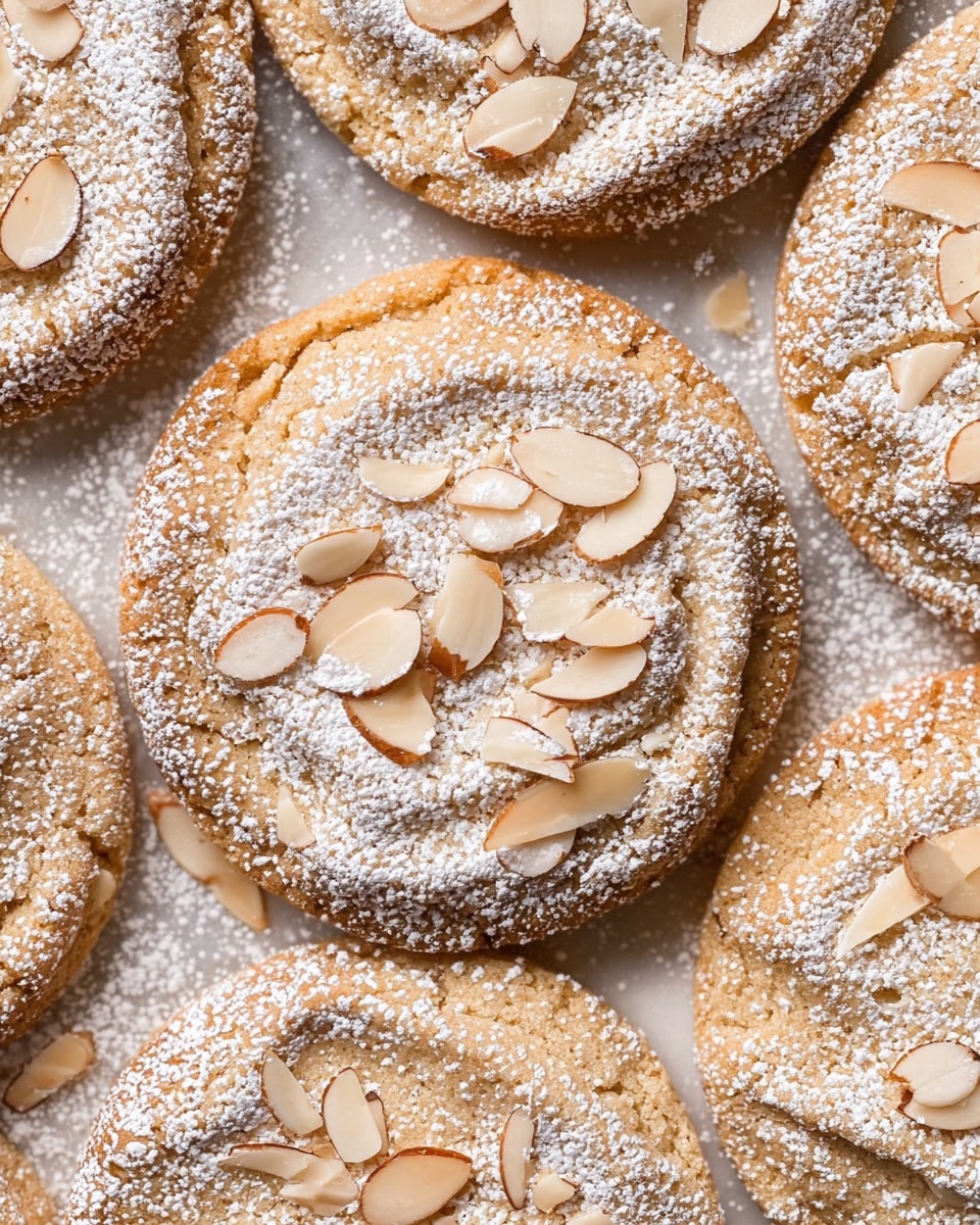 A close-up view of round soft cookies stacked on a white marbled surface, each cookie topped with light beige sliced almonds and dusted with white powdered sugar. One stack of three cookies is centered, showing the crumbly, golden brown inside texture with layers of almonds inside. Surrounding cookies have the same almond topping and powdery sugar coating, with some loose almond slices sprinkled around the edges. The light catches the sugared top, making it look soft and slightly grainy. photo taken with an iphone --ar 4:5 --v 7