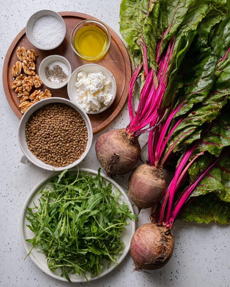 The image shows a collection of fresh ingredients arranged on a white marbled surface. In the center, there are two large beets with bright pink stems and rough textured skin. Below the beets, a white bowl filled with smooth brown lentils is next to a white plate heaped with fresh green arugula leaves. On the left, a round wooden tray holds a small white dish of crumbled soft white cheese, a small bowl of walnuts, a cup of golden olive oil, and a small pile of coarse salt and pepper. To the right of the beets, large dark green lettuce leaves are stacked together. The scene is natural and colorful with a mix of rough and smooth textures, photo taken with an iphone --ar 4:5 --v 7