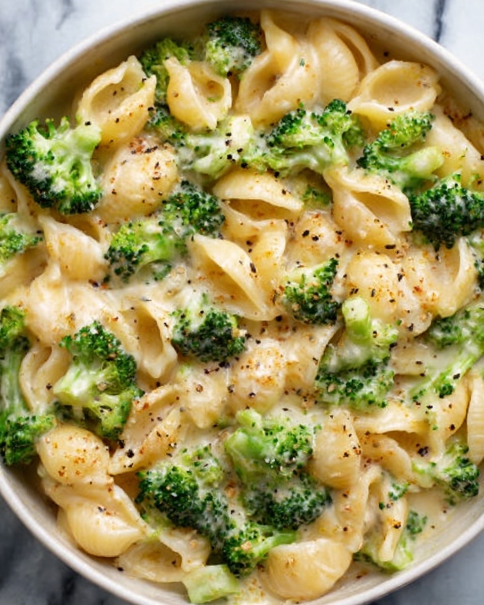 A close-up view of a white bowl filled with creamy pasta and broccoli. The pasta shells are soft and yellowish, covered in a smooth, light-colored cheese sauce with a slightly shiny texture. Bright green broccoli florets are spread evenly throughout the dish, adding a fresh contrast. Small black pepper specks are scattered on top, giving a touch of seasoning. The bowl is placed on a white marbled surface. Photo taken with an iphone --ar 4:5 --v 7