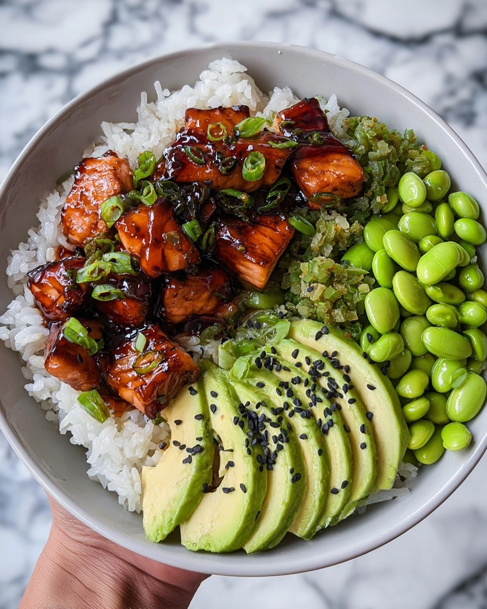 The dish is served in a white bowl filled with three main layers. The bottom layer is white rice with a soft, fluffy texture, covering half the bowl. On top of the rice, there are glazed grilled salmon chunks with a shiny, dark brown sauce and sprinkled pieces of chopped green onions. Next to the salmon and rice, there is a pile of bright green, smooth edamame beans filling about one-third of the bowl. Finally, there is a row of sliced avocado with a creamy light green color, laid out neatly on one side and topped with small black sesame seeds. The bowl is placed on a white marbled surface, and a woman's hand is holding the bowl from the bottom. photo taken with an iphone --ar 4:5 --v 7