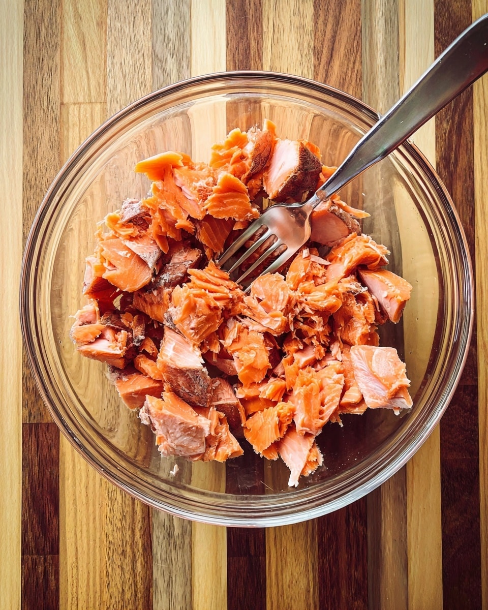 A clear glass bowl filled with broken pieces of cooked salmon showing uneven chunks in shades of orange with some pinkish and gray tones scattered throughout. A silver fork rests inside the bowl, slightly digging into the salmon. The bowl is placed on a wooden surface with a pattern of light and dark wood stripes. photo taken with an iphone --ar 4:5 --v 7