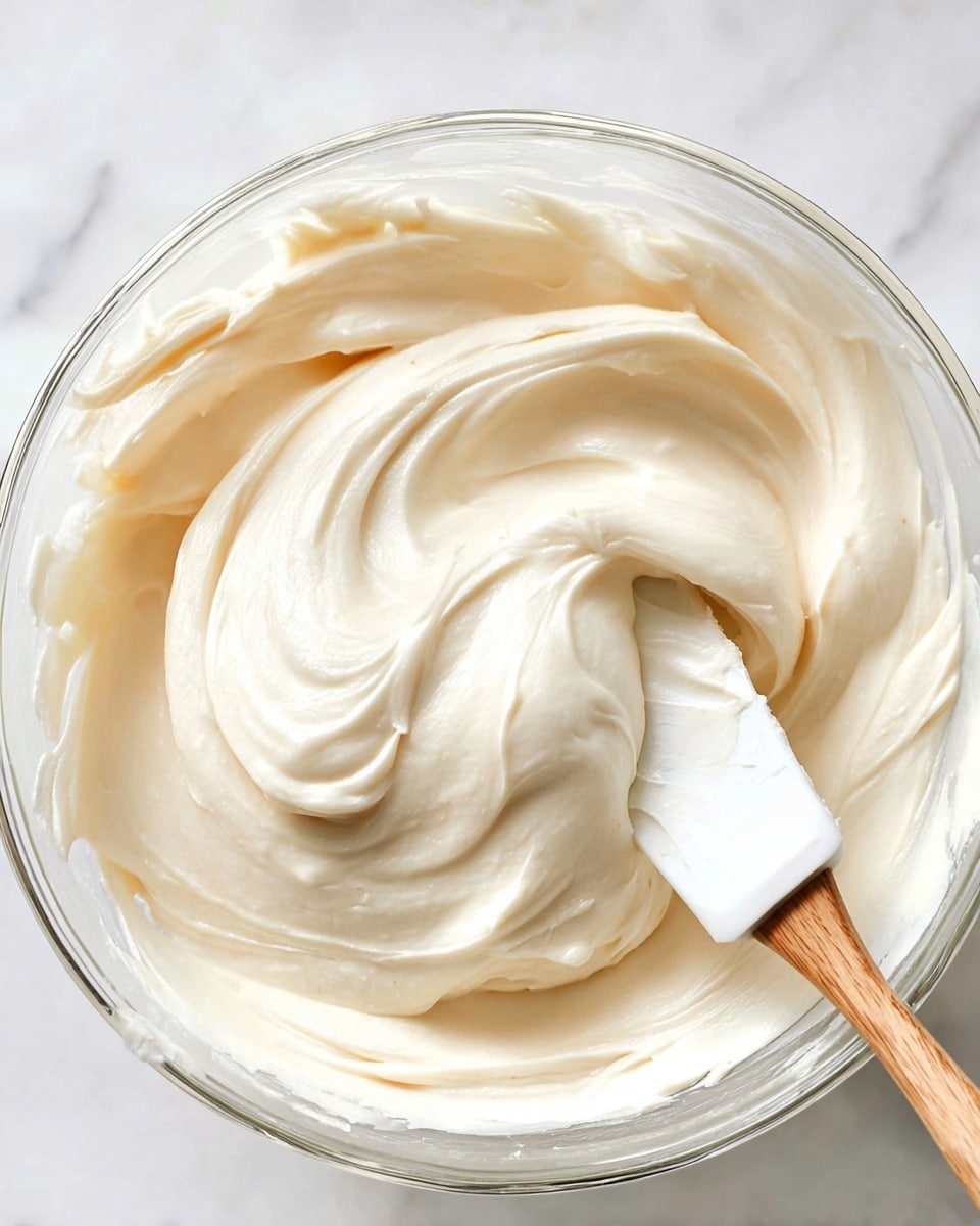 The image shows a close-up of a clear glass bowl filled with smooth, creamy, off-white frosting. The frosting has a thick and soft texture with gentle swirls and peaks made by a white spatula with a wooden handle resting on the surface inside the bowl. The background is a white marbled texture. photo taken with an iphone --ar 4:5 --v 7