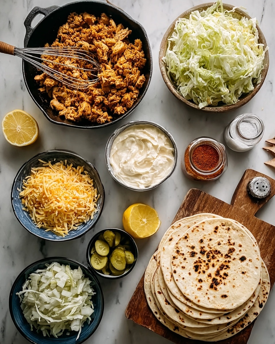 The image shows a white marbled surface with an assortment of ingredients arranged neatly. There is a stack of round tortillas with light brown char marks on a wooden board on the right side. Surrounding this are small bowls holding shredded green cabbage, white crumbled cheese, pickles sliced into halves, chopped onions, shredded cheddar cheese in a blue bowl placed inside a black cast iron pan with a whisk beside it, and creamy white sauce. Near the top center, there is a large bowl filled with crumbled cooked meat that is golden brown. Also visible are two lemon halves, a small bowl of reddish spice powder, a jar with salt, and a jar with pepper. Photo taken with an iphone --ar 4:5 --v 7