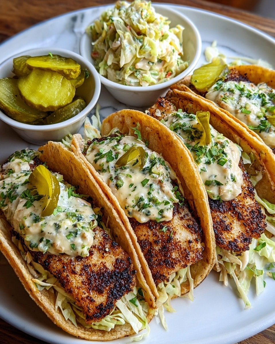 A white plate holds four tacos arranged side by side, each with a crisp, golden-brown shell. Inside each taco, there is a layer of shredded light green cabbage at the bottom, topped with a browned, seasoned fish fillet showing dark grill marks. Over the fish, there is a pale cream sauce, spotted with chopped green herbs, and a pickle slice on top of each taco. To the side of the tacos, a small white bowl is filled with bright green pickle slices, and behind the bowl, there is a scoop of creamy, light yellow coleslaw with green flecks. The whole scene sits on a wooden surface replaced by a white marbled texture. Photo taken with an iphone --ar 4:5 --v 7