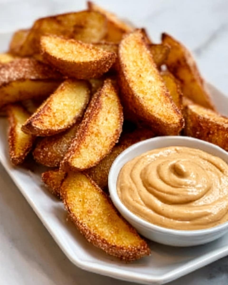 The image shows two white dishes on a white marbled surface. On the left, a large clear glass bowl is filled with peeled, sliced apple pieces that are pale yellow. On the right, a white round plate holds a large pile of cooked apple slices, golden brown and coated in cinnamon sugar, arranged in a ring. In the center of the plate, a smaller clear glass bowl contains a creamy white dip topped with drizzles of honey, white chips, and small brown nut pieces. A woman's hand is holding one of the cinnamon apples near the dip. Photo taken with an iphone --ar 4:5 --v 7