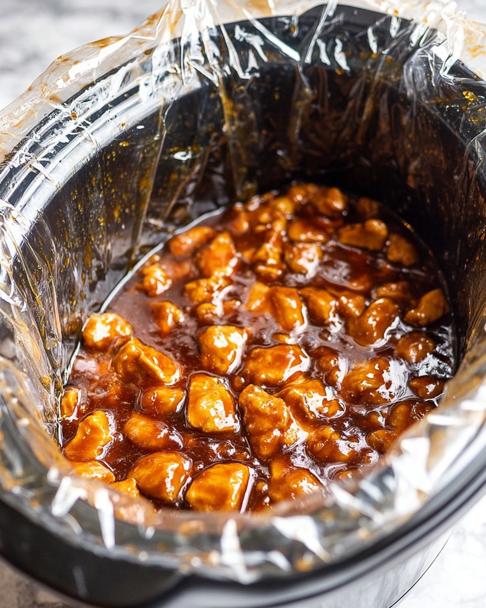 The image shows a slow cooker lined with clear plastic, filled with a thick, rich brown sauce covering small, tender pieces of cooked chicken. The chicken pieces are shiny and coated in the dark brown sauce that looks slightly sticky and glossy. The plastic liner crinkles around the edges of the cooker. The dish is inside a black slow cooker, with some sauce splashes visible on the plastic lining. The background is a white marbled surface. photo taken with an iphone --ar 4:5 --v 7