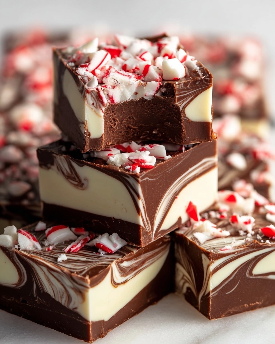 The image shows several square pieces of marbled chocolate fudge stacked closely on a white marbled surface. Each piece has three visible layers with swirling dark and white chocolate mixed together, creating a smooth and creamy texture. The top layer of the fudge is smooth dark chocolate sprinkled generously with large, uneven white peppermint candy pieces that have red streaks. One piece on top has a bite taken out of it, revealing the creamy interior layers. The overall look is rich, festive, and detailed, with the crushed peppermint adding a rough texture contrast to the smooth chocolate fudge photo taken with an iphone --ar 4:5 --v 7