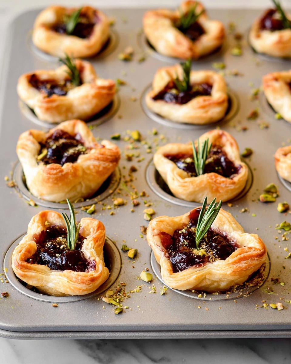 A close-up of a small puff pastry tart held between the fingers of a woman's hand with white and silver nail polish. The tart has a golden-brown, flaky crust shaped into a small square cup. Inside, there is a layer of shiny red jam, topped with melted pale yellow cheese and small pieces of chopped nuts. A small green rosemary sprig stands upright in the center. In the blurred background, there is a dark baking tray holding several similar tarts. The surface beneath the tray is a white marbled texture. Photo taken with an iphone --ar 4:5 --v 7
