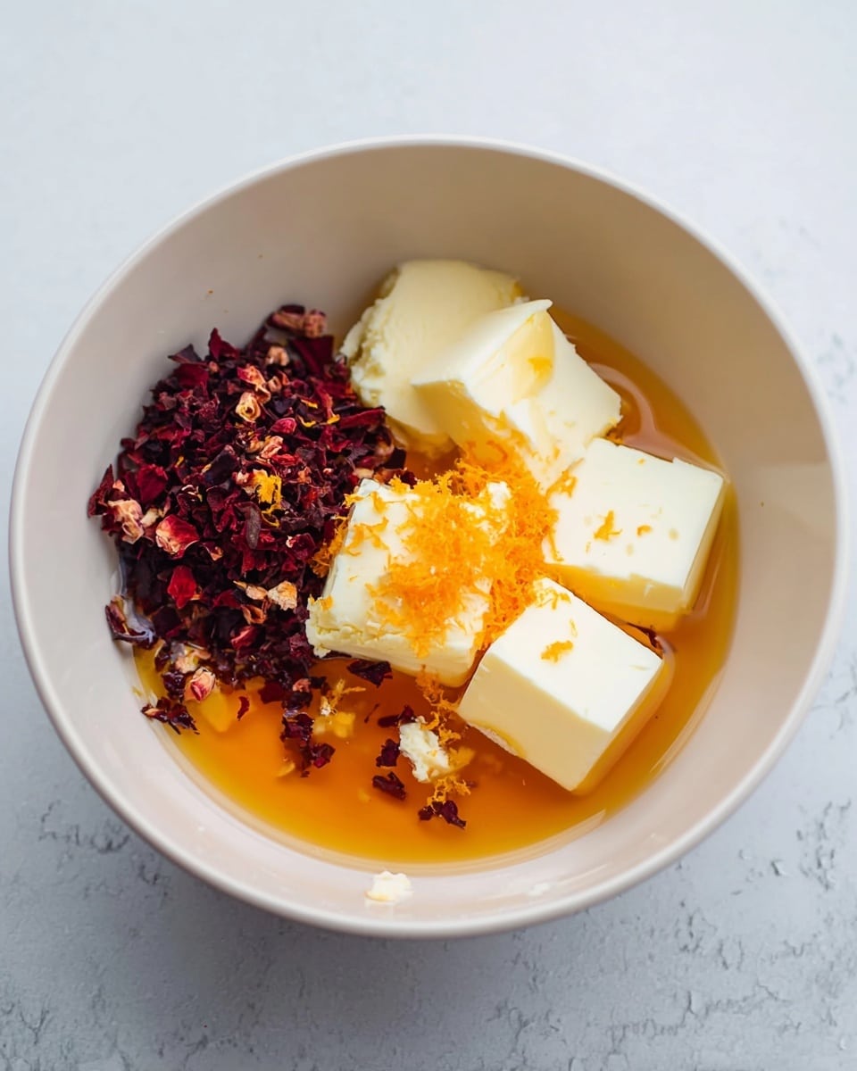 A white bowl on a white marbled surface contains several ingredients. There are blocks of creamy white butter placed mostly on one side of the bowl. Next to the butter, there is a pile of dried, dark red hibiscus petals. On top of and near the petals, there is bright orange grated zest, likely from a citrus fruit. The bowl also holds a pool of amber-colored liquid that surrounds some of the butter pieces. Small flecks of the orange zest and red petals are scattered lightly in the liquid. The bowl itself is plain white with some scraps of the ingredients sticking to its inner sides. Photo taken with an iphone --ar 4:5 --v 7