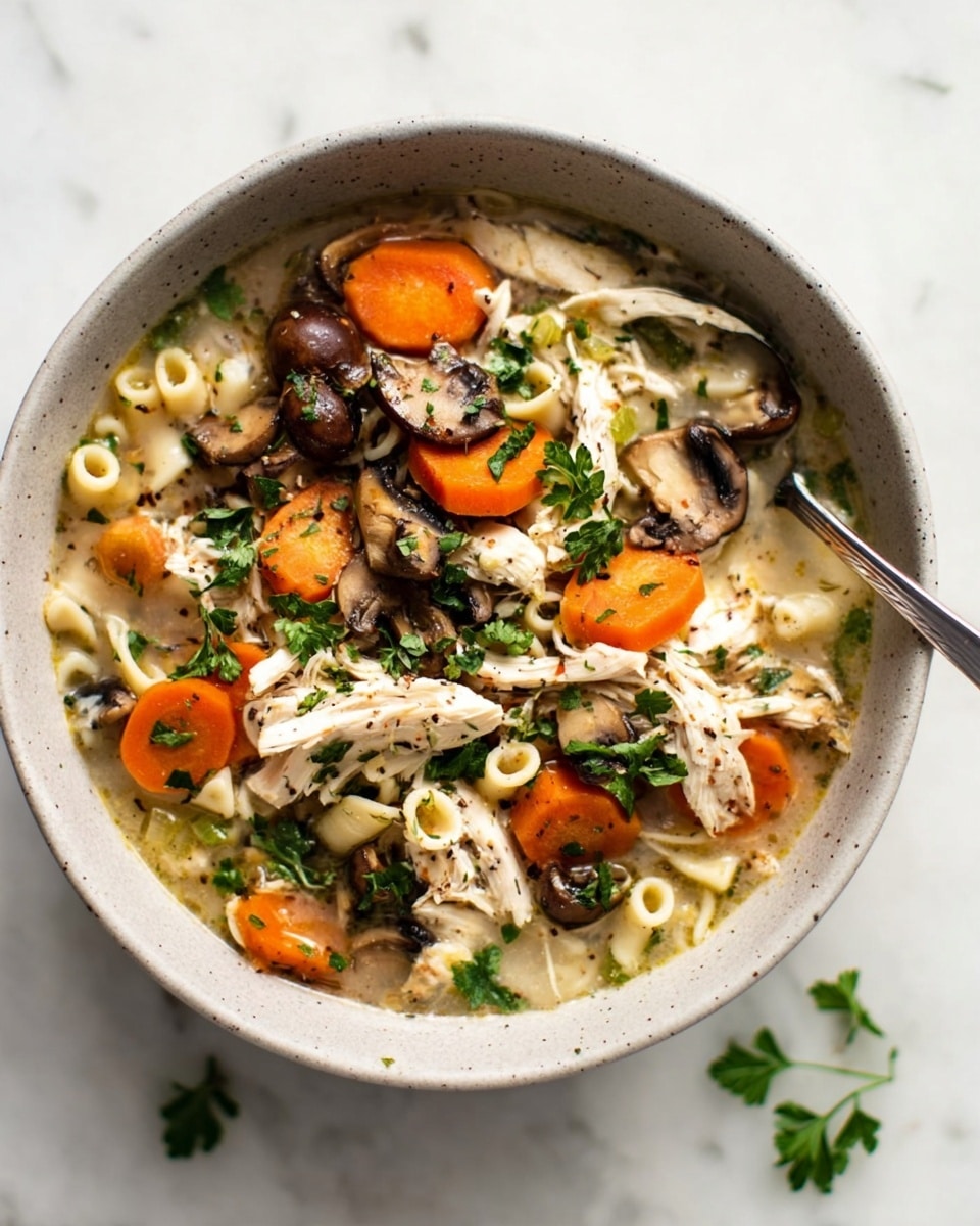 A bowl of soup sits on a white marbled surface with a spoon resting inside. The bowl is filled with three main layers: the bottom layer is a light creamy broth, topped with tender white shredded chicken pieces scattered throughout. Above this, bright orange carrot slices and dark brown mushroom slices are spread evenly, mixed with small round pasta. Green parsley leaves are sprinkled on top and around the soup, adding fresh color. The bowl is light gray with a speckled texture. Photo taken with an iphone --ar 4:5 --v 7
