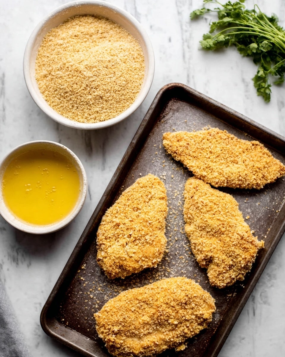 The image shows four pieces of breaded chicken placed on a dark baking tray on the right side. The breading is light brown and covers the entire surface of each piece, giving a rough texture. To the left, there is a white bowl filled with more breading, and above it, a smaller white bowl contains a yellow beaten egg mixture with a smooth and slightly frothy texture. The background is a white marbled surface, and some green herbs are placed at the top right corner for decoration. Photo taken with an iphone --ar 4:5 --v 7