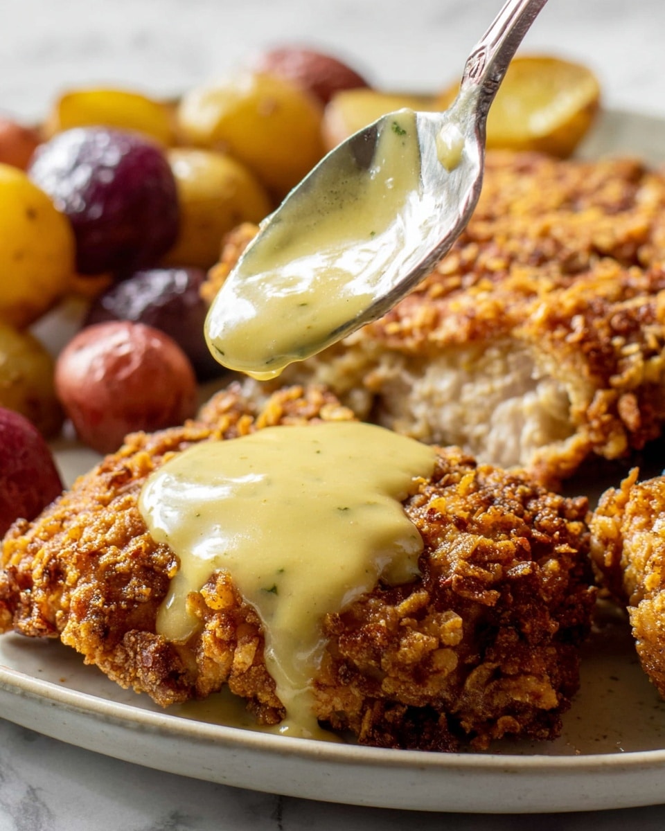 The image shows a close-up of a white plate with two pieces of crispy, golden brown fried chicken in the foreground. One piece of chicken is being covered with a creamy, light yellow sauce poured from a spoon. Behind the chicken, there are small roasted potatoes in different colors: red, yellow, and purple with a slightly rough texture. The chicken coating looks crunchy with visible crunchy bits and a textured surface. The plate is placed on a white marbled surface, and a woman's hand is holding the spoon pouring the sauce. Photo taken with an iphone --ar 4:5 --v 7