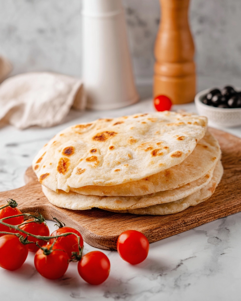 The image shows a stack of three flatbreads placed on a wooden board over a white marbled surface. The flatbreads have a light beige color with golden-brown spots, giving them a slightly toasted look. The top flatbread is folded in half, showing its soft and slightly fluffy texture inside. Around the wooden board, there are small red cherry tomatoes attached to green stems, adding a fresh, colorful touch. In the background, there is a white container, a wooden pepper grinder on its side, and a white bowl with black olives, all softly blurred. photo taken with an iphone --ar 4:5 --v 7