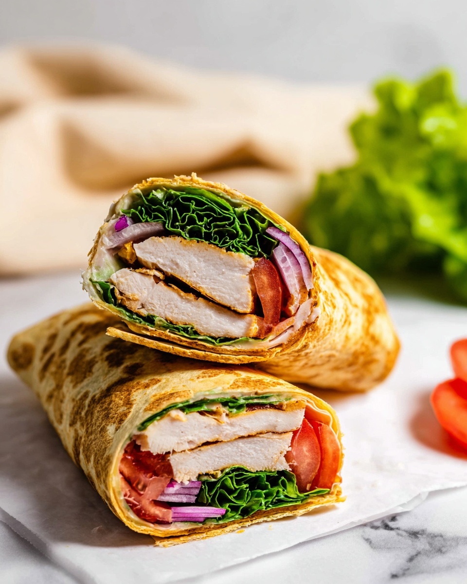 The image shows two wrap halves resting on white parchment paper over a white marbled surface. Each wrap has a soft, golden-brown textured outer layer that looks lightly toasted. Inside, there are four visible layers: a thick white cooked chicken piece at the center, surrounded by bright green leafy lettuce, slices of red tomato, and thin rings of light purple onion. In the background, there is a small green lettuce leaf, blurred, and a beige cloth. The whole scene has a fresh, wholesome look. photo taken with an iphone --ar 4:5 --v 7
