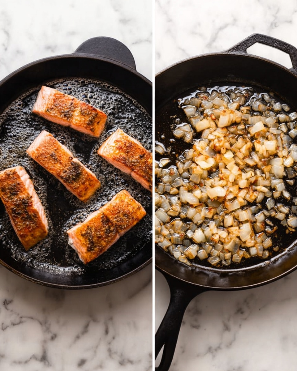 The image shows two black cast iron pans side by side on a white marbled surface. The pan on the left has four salmon pieces with a brown crispy top and light pink sides cooking in bubbling oil. The pan on the right contains many small diced onions that are golden brown and sizzling in hot oil. Both pans show a shiny, oily texture with light reflections on the cooking food. Photo taken with an iphone --ar 4:5 --v 7