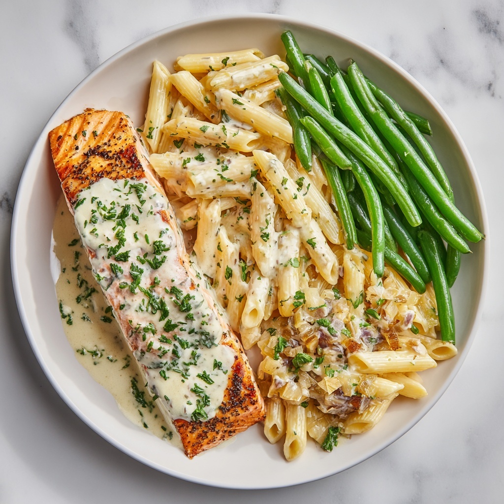 A white plate holds a meal with three parts: a golden grilled chicken piece covered with creamy white sauce sprinkled with green herbs is on the left; next to it, creamy penne pasta mixed with chopped green herbs and bits of onion, all coated in the same white sauce; on the right side, bright green cooked green beans arranged neatly, showing a fresh and smooth texture. The plate is set on a white marbled surface. photo taken with an iphone --ar 4:5 --v 7