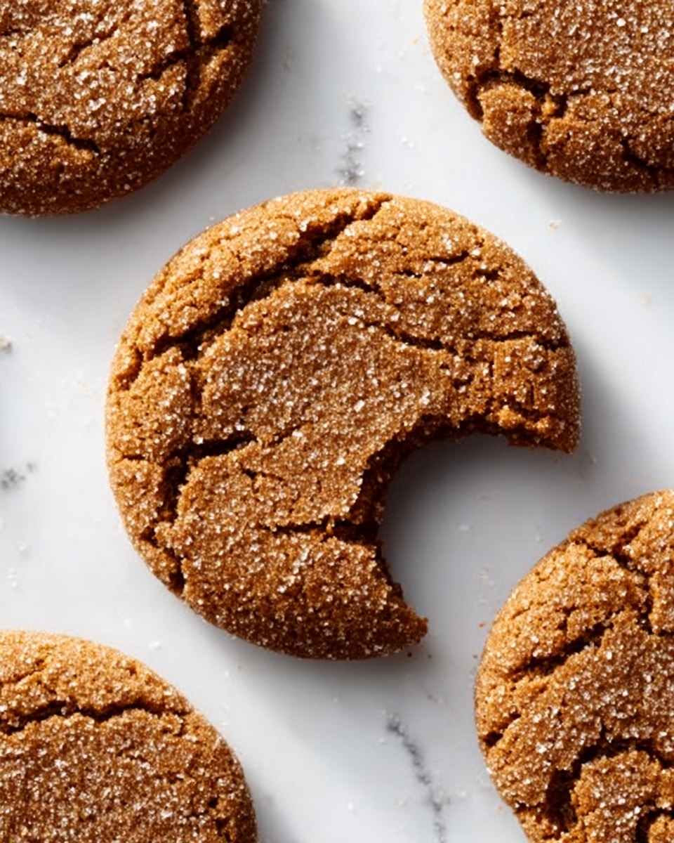 The image shows a close-up of a round brown cookie with a rough, cracked surface texture. One cookie is centered with a bite taken out of its upper right side, revealing a dense and slightly crumbly interior. Surrounding it on a white marbled surface are parts of other similar cookies, all with the same color and texture, scattered to create a casual arrangement. The light highlights the rough sugar-coated top and the soft inside. photo taken with an iphone --ar 4:5 --v 7