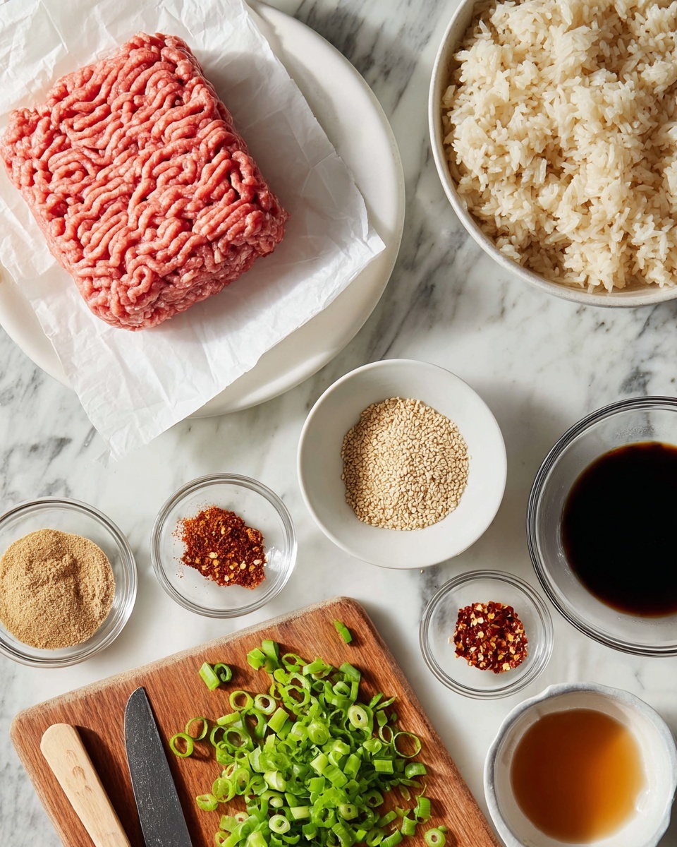 A white plate holds a block of pink ground meat placed on white paper at the top left of the image. To the right, a bowl filled with fluffy, light-colored cooked rice sits on a white marbled surface. Nearby, a small white bowl contains a brown liquid, while a glass bowl next to it holds a dark soy sauce. Below, a round glass bowl is filled with light brown sesame seeds, and another glass bowl has red chili flakes. A white bowl at the bottom left contains a tan powdered spice. A small wooden cutting board is positioned in the lower middle, covered with bright green chopped scallions and a small knife with a wooden handle lying next to the scallions. The background surface is white marble. photo taken with an iphone --ar 4:5 --v 7